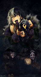 1girl absurdres artist_name black_coat black_dress black_hair blush coat commentary crying dress english_commentary fine_art_parody fur-trimmed_coat fur_trim grey_hair hair_between_eyes hair_ornament highres holding hololive hololive_english jewelry long_hair long_sleeves looking_at_viewer miku_(mikururun) multicolored_hair multiple_rings novelites_(shiori_novella) off_shoulder open_mouth parody puffy_long_sleeves puffy_sleeves ring saturn_devouring_his_son shiori_novella shiori_novella_(1st_costume) split-color_hair standing two-tone_hair virtual_youtuber yellow_eyes