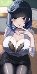 1girl absurdres azumi_(mocha) black_bra black_hair black_pantyhose black_skirt blue_hair blush bob_cut bra breasts cleavage collarbone diagonal_bangs dice earrings floating_earring genshin_impact green_eyes highres large_breasts looking_at_viewer mole mole_on_breast multicolored_hair nail_polish office_lady pantyhose partially_unbuttoned pencil_skirt shirt short_hair sitting skirt smile solo thighs underwear white_shirt yelan_(genshin_impact)