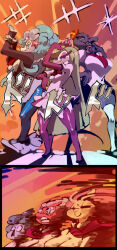 2017 6+girls abstract_background animal_nose arms_up bittenhard blaziken blue_dress blush_stickers breasts closed_eyes comic commentary creatures_(company) dress english_commentary floating_hair full_body game_freak gem gen_3_pokemon gen_4_pokemon gen_7_pokemon glaceon gradient_background half-closed_eyes hand_on_own_hip humanization jojo_pose large_breasts long_hair looking_at_viewer medium_breasts menacing_(jojo) milotic monster_girl multiple_girls necktie nintendo no_humans o_o pearl_(gemstone) pink_hair plant_girl pokemon pokemon_(creature) ponytail primarina red_necktie reptile_girl salazzle school_uniform shadow short_hair smile snout sparkle sparkling_eyes standing starfish_hair_ornament surprised tail teeth thick_thighs thighhighs thighs tsareena two-tone_skirt very_long_hair wide_hips