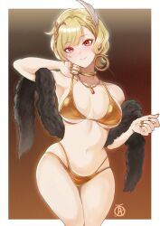 1girl bikini blonde_hair border breasts brown_background citrinne_(fire_emblem) collarbone commentary cowboy_shot earrings fire_emblem fire_emblem_engage gold_bikini golden_week golden_week_bikini highres jewelry large_breasts nintendo pendant purple_eyes revolverwing short_hair simple_background solo swimsuit white_border