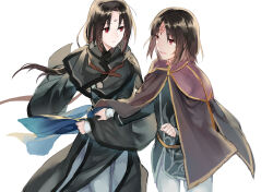 2boys black_hair capelet commentary_request facial_mark fire_emblem fire_emblem:_radiant_dawn forehead_mark highres jnsghsi kurthnaga_(fire_emblem) long_hair male_focus multiple_boys nintendo red_eyes sash soren_(fire_emblem) waist_sash