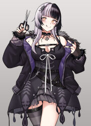 1girl :q bbk_(13zk) black_arm_warmers black_choker black_coat black_dress black_hair black_nails black_thighhighs breasts choker cleavage closed_mouth coat dress fur-trimmed_coat fur_trim grey_background grey_hair highres holding holding_scissors hololive hololive_english jewelry large_breasts long_hair multicolored_hair purple_coat ribbon ring scissors shiori_novella shiori_novella_(1st_costume) simple_background single_thighhigh smile solo split-color_hair striped_arm_warmers striped_clothes striped_thighhighs thighhighs tongue tongue_out two-sided_coat two-sided_fabric two-tone_hair v virtual_youtuber white_ribbon yellow_eyes