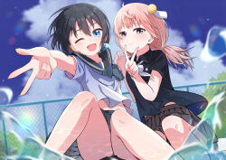 Rule 34 | 2girls, ;d, black hair, black sailor collar, black shirt, black skirt, blue eyes, blue sky, blurry, blurry background, blurry foreground, brown hair, brown skirt, cac itinose, chain-link fence, closed mouth, cloud, collared shirt, comiket 106, commentary request, day, depth of field, fence, grey neckerchief, grey shirt, hands up, highres, holding hands, interlocked fingers, knees together feet apart, knees up, long hair, low twintails, multiple girls, neckerchief, one eye closed, open mouth, original, outdoors, outstretched arm, pleated skirt, purple eyes, sailor collar, school uniform, serafuku, shirt, short sleeves, skirt, sky, smile, twintails, v, w, water