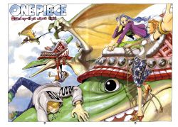 2000 2girls 4boys bird black_hair blonde_hair blue_hair border chair color_spread copyright_name cover cover_page denim duck flying green_footwear green_hair hair_over_one_eye hat helmet highres hood hoodie jeans karoo_(one_piece) monkey_d._luffy multiple_boys multiple_girls nami_(one_piece) nefertari_vivi oda_eiichirou official_art one_piece orange_hair pants ponytail pterosaur riding roronoa_zoro sandals sanji_(one_piece) sarong shirt shoes sky smile stampede_string straw_hat striped_clothes striped_headwear struggling swing usopp white_shirt