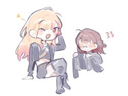 2girls :i ;d black_footwear black_jacket black_skirt black_thighhighs blonde_hair blush boots brown_hair commentary crop_top cropped_jacket deformed flying_sweatdrops garter_straps gradient_hair holding holding_jacket holding_unworn_clothes jacket lace-up_boots long_hair long_sleeves looking_at_viewer loose_hair_strand medium_hair midriff miniskirt mochizuki_honami multicolored_hair multiple_girls navel one_eye_closed open_clothes open_jacket open_mouth orange_eyes pink_hair pipi_(m1x_mix) project_sekai sitting skirt smile star_(symbol) streaked_hair tenma_saki thighhighs unworn_jacket