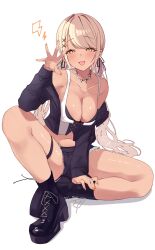 1girl absurdres bare_shoulders black_boots black_jacket black_shorts blonde_hair boots breasts cleavage crop_top cutoffs fang hand_up highres jacket jewelry kaminari_qpi long_hair looking_at_viewer low_twintails medium_breasts meercat_dayo midriff nail_polish navel necklace off_shoulder open_mouth shirt short_shorts shorts sitting sleeveless sleeveless_shirt smile solo thigh_strap thighs twintails very_long_hair virtual_youtuber vspo! white_shirt yellow_eyes