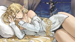 1boy 1girl bare_shoulders black_panties blonde_hair blush breasts closed_eyes closed_mouth collarbone commentary earrings fleurdelys_(wuthering_waves) floating_earrings highres horns indoors jewelry large_breasts long_hair long_horns lying male_rover_(wuthering_waves) mini_person neid_art on_side panties pointy_ears revision rover_(wuthering_waves) shirt single_horn skateboarding sleeping thighs underwear very_long_hair white_shirt wuthering_waves yellow_horns