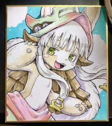 1other :3 animal_ears aqua_background art_tools_in_frame artist_name brown_fur cowboy_shot fake_horns fangs furry green_eyes green_pants grey_hair hands_up helmet highres horns looking_at_viewer made_in_abyss multicolored_pants nanachi_(made_in_abyss) open_mouth other_focus pants photo_(medium) red_pants shikishi short_hair_with_long_locks signature smile solo topless_other traditional_media tsumiki_yuu white_background