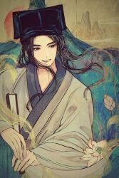 Rule 34 | 1boy, absurdres, bishounen, black eyes, black hair, black hat, chinese clothes, chinese commentary, dao gui yi xian, faux traditional media, floating hair, flower, folded fan, folding fan, hand fan, hanfu, hat, highres, holding, holding fan, ink wash painting, jin (headwear), long hair, long sleeves, looking at viewer, lotus, male focus, mountain, paper fan, parted lips, smile, smoke, solo, sun, upper body, white hanfu, wide sleeves, yansi111, zhouzi jin (headwear), zhuge yuan