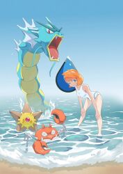 1girl ;) asymmetrical_hair bare_arms bare_shoulders beach bent_over blue_eyes blue_sky breasts day eyelashes fangs gen_1_pokemon gyarados gym_leader hands_on_legs hands_on_own_knees hands_on_own_legs krabby leaning_forward legs looking_at_viewer misty_(pokemon) nintendo ocean one-piece_swimsuit one_eye_closed open_mouth orange_hair outdoors partially_submerged pokemon pokemon_gsc pokemon_hgss ponytail red_eyes sand short_hair side_ponytail sky small_breasts smile splashing standing staryu swimsuit tongue wading water waves white_one-piece_swimsuit wink
