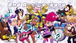 Rule 34 | 4girls, 5boys, alternate costume, alternate hairstyle, american flag, american flag pants, american flag print, anniversary, aqua eyes, aqua hair, aqua jacket, aqua sleeves, backwards hat, baseball cap, beamed eighth notes, berecca, black coat, black eyes, black gloves, black hair, black necktie, black pants, black shirt, black shorts, black sleeve cuffs, black sleeves, black suit, blonde hair, blue-framed eyewear, blue jacket, blue outline, blue pupils, blunt bangs, boots, bow, bowtie, burton (ninjala), cello, character background, closed eyes, closed mouth, coat, collared shirt, commentary, contrast collar, copyright name, copyright notice, creature, cropped jacket, cymbals, dark-skinned female, dark-skinned male, dark skin, double bun, double vertical stripe, dreadlocks, dress shirt, drum, drum set, drumsticks, eighth note, electric guitar, emma (ninjala), english commentary, english text, everyone, eyepatch, eyewear on head, flag print, fluffy hair, formal clothes, freckles, frown, fur-trimmed jacket, fur trim, gloves, grand piano, green eyes, guitar, gumchi, gungho, hair bun, hair ornament, hair tie, hairclip, half updo, halftone, halftone background, hat, high collar, holding, holding drumsticks, holding instrument, holding microphone, instrument, jacket, jane (ninjala), kappei (ninjala), kinky hair, lapels, logo, long hair, long sidelocks, lucy (ninjala), medical eyepatch, medium hair, microphone, microphone stand, midriff, multicolored hair, multiple boys, multiple girls, music, musical note, necktie, ninjala, nose, nose tape, official alternate hairstyle, official art, one eye covered, open clothes, open jacket, open mouth, outline, pants, parted bangs, piano, pink hair, pink shirt, pink shorts, playing instrument, polka dot, polka dot background, pompadour, popped collar, print pants, purple boots, purple outline, purple sleeves, red bow, red bowtie, red necktie, red shirt, red sleeves, red stripes, red suit, red undershirt, rianti-wong, ron (ninjala), second-party source, sharp teeth, shirt, shorts, shuriken, sidelocks, simple background, sleeveless, sleeveless shirt, smile, sousaphone, standing, streaked hair, striped clothes, striped pants, striped sleeves, suit, sunglasses, swept bangs, teeth, thank you, thigh boots, trumpet, turtleneck, turtleneck shirt, two-sided coat, two-sided fabric, two-tone hair, undercut, unzipped, upper teeth only, van (ninjala), vertical-striped clothes, vertical-striped pants, vertical-striped sleeves, very long hair, vest, watermark, weapon, web address, white-framed eyewear, white background, white hair, white hat, white jacket, white shirt, white sleeve cuffs, white undershirt, white vest, wing collar, yellow eyes, yellow stripes