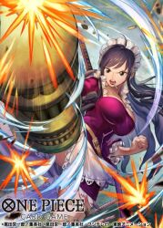 Rule 34 | 1girl, apron, attack, baby 5, black hair, breasts, cigarette, clenched hand, commentary request, copyright name, dress, fire, large breasts, leg up, long hair, looking ahead, maid headdress, official art, one piece, one piece card game, phima, purple dress, short dress, solo, swept bangs, sword, sword on back, weapon, weapon on back