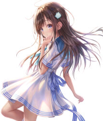 Rule 34 | 1girl, blue eyes, blue sailor collar, blush, brown hair, commentary request, dress, floating hair, goto p, hair ornament, highres, long hair, looking at viewer, original, parted lips, sailor collar, sailor dress, see-through silhouette, simple background, solo, white background, white dress