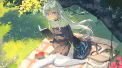 1girl absurdres animal_ears apple arknights black_dress blue_bag book closed_mouth commentary_request dress flower food fruit grass grey_hair hair_flower hair_ornament heavyrain_(arknights) heavyrain_(tranquil_moss)_(arknights) highres holding holding_book long_hair long_sleeves looking_at_viewer open_book outdoors picnic_basket purple_eyes sitting smile solo sunlight super_h2o tree wariza