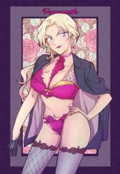 1girl black_gloves black_jacket blonde_hair blue_eyes bra character_name closed_mouth floral_background flower gloves grey_thighhighs hand_on_own_hip highres jacket jacket_on_shoulders long_hair looking_at_viewer meitantei_conan mismatched_thighhighs navel panties purple_bra purple_flower purple_nails purple_panties purple_rose rose sayaendou0426 smile solo standing thighhighs underwear vermouth_(meitantei_conan)