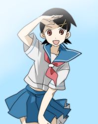 00s 1girl :d bad_id bad_pixiv_id black_hair brown_eyes day ekra female_focus fuura_kafuka glaring hair_ornament hairclip image_sample open_mouth pixiv_sample pleated_skirt sayonara_zetsubou_sensei school_uniform serafuku shading_eyes short_hair simple_background skirt skirt_tug smile solo wind