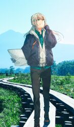 1boy adjusting_hair airgetlam_(fate) androgynous bedivere_(fate) bedivere_(under_the_same_sky)_(fate) black_boots black_pants blue_coat blue_sky boots braid buttons coat collared_shirt commentary day fate/grand_order fate_(series) foot_out_of_frame green_shirt hair_between_eyes holding holding_paper hood hood_down hooded_jacket jacket long_hair long_sleeves looking_up low_twintails male_focus map mount_fuji nature official_art open_clothes open_coat open_mouth outdoors pants paper partially_unzipped photo_background prosthesis prosthetic_arm shirt sidelocks sky smile solo sunlight teeth tenkuu_sphere third-party_source tree twintails walking white_hair white_jacket wing_collar