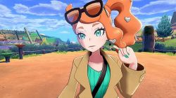 1girl 3d animated animated_gif aqua_eyes coat female_focus glasses hair_ornament heart nail_polish nintendo orange_hair outdoors pokemon pokemon_swsh side_ponytail sky solo sonia_(pokemon) trench_coat twirling_hair