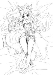 1girl animal animal_around_neck animal_ears arima_natsubon barefoot closed_mouth commentary_request detached_sleeves dress fox fox_ears fox_girl full_body greyscale hair_spread_out long_hair looking_at_viewer lying monochrome no_panties on_back pelvic_curtain professor_(ragnarok_online) ragnarok_online sketch sleeveless sleeveless_dress smile solo