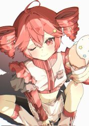 Rule 34 | 1girl, ahoge, alternate costume, apron, black shorts, closed mouth, double-parted bangs, drill hair, food, frilled jacket, frills, from above, hair ornament, highres, holding, holding ice cream cone, ice cream, ice cream cone, jacket, kasane teto, long sleeves, looking at viewer, one eye closed, red eyes, red hair, ria art game, shadow, shorts, simple background, smile, solo, star (symbol), star hair ornament, twin drills, utau, waist apron, white apron, white background, white jacket, zipper