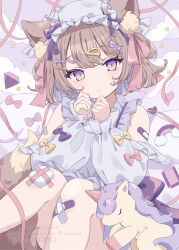 1girl animal_ear_fluff animal_ears bandaid bandaid_on_arm brown_hair closed_mouth commentary_request crossed_bandaids dress feet_out_of_frame fox_ears fox_girl fox_tail gauze_on_knee gradient_eyes hair_ornament hair_ribbon hairclip hat heart heart_hair_ornament highres kamachi_(kamati0maru) long_sleeves looking_at_viewer mob_cap multicolored_eyes off-shoulder_dress off_shoulder original pink_ribbon purple_eyes ribbon solo stuffed_unicorn tail watermark white_hat yellow_eyes