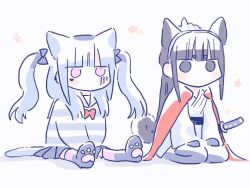 2girls amemiya_darumi animal_ears animated animated_gif black_bow black_hair bow cat_ears cat_girl cat_tail female_focus full_body hair_between_eyes holy_jumonji_sword long_hair magadori_kyoshika makeup mei_guchuan multiple_girls pink_eyes runny_makeup shirt simple_background sitting striped_clothes striped_shirt tail tail_wagging the_hundred_line_-last_defense_academy- twintails white_background