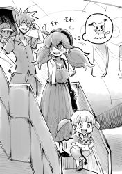 2boys 2girls aircraft airplane blue_oak blue_oak_(pokemon_sm) breasts chichibu_(watson) creatures_(company) dedenne dress game_freak gen_6_pokemon gen_7_pokemon greyscale hat hex_maniac_(pokemon) long_hair mimikyu monochrome multiple_boys multiple_girls nintendo npc_trainer pokemon pokemon_(creature) pokemon_sm pokemon_xy preschooler_(pokemon) purple_hair red_(pokemon) red_(pokemon_sm) speech_bubble thought_bubble