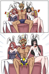 angry ball_busting blue_male_underwear bow bowtie couch grabbing_another&#039;s_breast groping heart leotard male_underwear ocigart playboy_bunny punching topless_male