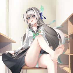 1girl absurdres barefoot black_bow black_hairband blue_eyes blush bow bowtie breasts chen_kang collarbone commentary feet firefly_(honkai:_star_rail) firefly_(spring_missive)_(honkai:_star_rail) foot_out_of_frame gradient_hair green_bow green_bowtie green_hair green_panties grey_hair grey_sailor_collar grey_skirt hair_between_eyes hair_bow hairband highres honkai:_star_rail honkai_(series) indoors large_breasts long_hair long_sleeves looking_at_viewer multicolored_eyes multicolored_hair official_alternate_costume open_mouth panties purple_eyes sailor_collar school_uniform serafuku shirt skirt smile soles solo teeth thighs toes two-tone_eyes underwear upper_teeth_only variant_set very_long_hair white_shirt