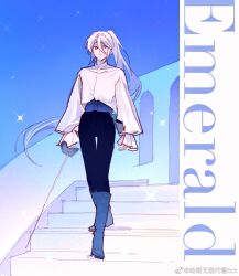 Rule 34 | 1boy, absurdres, arms at sides, black pants, blue background, blue boots, boots, cael anselm, character name, closed mouth, foil (fencing), frilled sleeves, frills, full body, hair between eyes, high-waist pants, highres, holding, holding sword, holding weapon, huihua wuneng chifan bot, long bangs, long hair, long sleeves, looking at viewer, lovebrush chronicles, male focus, pants, ponytail, purple eyes, shirt, smile, solo, stairs, standing, sword, very long hair, watermark, weapon, weibo watermark, white hair, white shirt