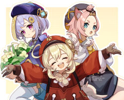 3girls :o animal_ears bead_necklace beads black_hat black_nails black_shorts blonde_hair blue_eyes blue_shorts border bouquet brown_gloves cabbie_hat cat_ears closed_mouth coat commentary_request corn_kuten cowboy_shot diona_(genshin_impact) dodoco_(genshin_impact) flower frown genshin_impact gloves hat hat_feather head_tilt holding holding_bouquet jacket jewelry klee_(genshin_impact) looking_at_viewer multiple_girls nail_polish necklace ofuda open_mouth outline outstretched_arms parted_bangs paw_pose pink_eyes pink_hair pointy_ears purple_hair purple_hat qingdai_guanmao qiqi_(genshin_impact) red_coat red_hat short_hair short_twintails shorts simple_background smile spread_arms teeth thick_eyebrows thighhighs topknot trait_connection twintails upper_body upper_teeth_only watermark white_background white_jacket white_thighhighs yellow_background yellow_flower