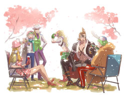 2girls 4boys baseball_cap black_gloves black_jacket blonde_hair bottle brown_coat brown_hair cherry_blossoms coat crossed_legs cup drinking_glass elbow_gloves epaulettes gloves green_gloves green_hair green_scarf green_vest hand_on_own_hip hat headphones helmeppo hibari_(one_piece) highres holding holding_bottle holding_cup jacket koby_(one_piece) kujaku_(one_piece) leather leather_jacket long_hair medium_hair mocchi_(mkz) multiple_boys multiple_girls muscular muscular_male one_piece open_clothes outdoors pink_hair ponytail pouring prince_grus scar scar_on_chin scar_on_face scarf shirt short_hair sitting smile standing sunglasses taking_picture v vest white_coat white_shirt wine_glass x_drake