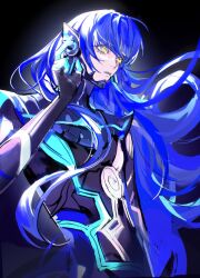Rule 34 | 1boy, androgynous, armor, binxngchng1, black background, black bodysuit, blue hair, bodysuit, chin guard, eyelashes, hand up, hashtag-only commentary, highres, long hair, looking ahead, male focus, parted lips, protagonist (smtv), shin megami tensei, shin megami tensei v, simple background, sketch, solo, upper body, yellow eyes