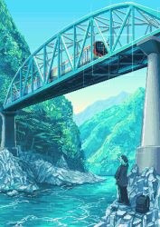 1girl absurdres backpack bag beret black_hat black_pants bridge day dithering green_hair hat highres jacket looking_up mountain original outdoors pants pixel_art river riverbank rock scenery solo standing train unworn_bag water wide_shot yunwho