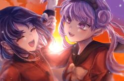 blush brother_and_sister colorful_background happy highres long_hair matching_outfits open_mouth orange_background pink_eyes pink_hair purple_background purple_hair siblings simple_background sun sunlight sunset teeth the_hundred_line_-last_defense_academy- tsukumo_ima tsukumo_kako twins upper_teeth_only