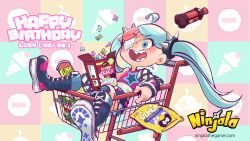 1girl absurdres ahoge aqua_eyes aqua_hair arrow_(symbol) artistic_error bag_of_chips belt belted_shorts birthday blue_boots blue_pupils blue_shorts blush boots cereal cereal_box character_name chewing_gum child commentary copyright_name copyright_notice denim denim_shorts english_commentary english_text eyelashes eyepatch flat_chest food gungho happy_birthday highres in_shopping_cart knee_boots lace-up_boots logo lone_nape_hair long_hair lucy_(ninjala) marshmallow medical_eyepatch multicolored_hair ninjala nose official_art one_eye_covered open_box outline pantyhose pastel_colors pink_belt pink_hair pink_shirt pole print_shirt purple_outline rianti-wong second-party_source sharp_teeth shirt shoe_soles shoes shopping_cart shorts shuriken shuriken_print single_bare_arm single_fishnet_armwear single_fishnet_legwear single_leg_pantyhose single_sleeve skinny sleeveless sleeveless_shirt smile soda_bottle solo spiked_hair_ornament star_(symbol) star_print swept_bangs teeth tongue torn_clothes torn_shorts twintails two-tone_hair two-tone_shirt watermark weapon web_address white_pantyhose white_shirt white_sleeves wrestling_boots