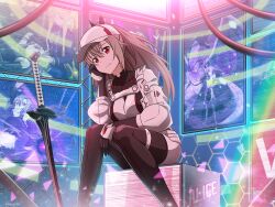 1girl absurdres alice_zuberg alternate_costume baseball_cap black_bodysuit black_ribbon blue_hat bodysuit breasts cleavage closed_mouth commentary_request dark_slash_sword eydis_(sao) feet_out_of_frame grey_hair hair_ribbon hat head_on_hand high_ponytail highres jacket large_breasts light_smile long_hair looking_at_viewer mysteryctu open_clothes open_jacket ponytail red_eyes ribbon sidelocks sitting solo sword sword_art_online three-quarter_sleeves turtleneck weapon white_jacket