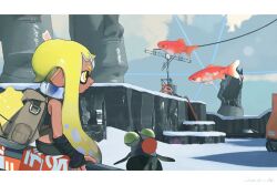 1girl 2024 agent_3_(splatoon_3) ash011023 backpack bag bandaged_arm bandages bare_shoulders black_bandages black_shirt blonde_hair choker commentary_request crop_top dark-skinned_female dark_skin dated fish floating from_side highres inkling inkling_girl inkling_player_character letterboxed long_hair moai nintendo on_railing outdoors railing salmonid shirt sitting smallfry_(splatoon) snow splatoon_(series) splatoon_3 statue tentacle_hair torn_clothes torn_shirt twintails very_long_hair white_choker yellow_eyes