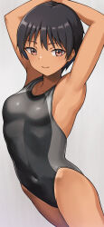 1girl armpits arms_up black_hair breasts competition_swimsuit covered_navel grey_background hashi highleg highleg_one-piece_swimsuit one-piece_swimsuit one-piece_tan original red_eyes short_hair simple_background small_breasts smile solo swimsuit tan tanline two-tone_background
