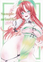 1girl adapted_costume arim0k0 artist_name beret black_panties blush border braid breasts clothing_aside commentary covered_navel frills green_border green_eyes green_hat hat hat_ornament highres hong_meiling large_breasts long_hair looking_at_viewer marker_(medium) open_mouth panties panties_aside parted_bangs red_hair short_sleeves side_braids solo star_(symbol) star_hat_ornament teeth touhou traditional_media twin_braids underwear upper_teeth_only