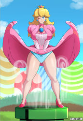 1girl artist_name assentlov blonde_hair blue_eyes blue_panties bow bow_panties breasts brooch closed_mouth clothes_lift crown dress dress_lift dress_tug earrings elbow_gloves eyelashes full_body gloves hill jewelry large_breasts legs legs_apart long_hair looking_at_viewer mario_(series) nintendo no_socks one_eye_closed outdoors panties pink_dress pink_footwear polka_dot polka_dot_panties princess princess_peach puffy_short_sleeves puffy_sleeves short_sleeves smile solo standing super_mario_bros._1 thick_thighs thighs underwear warp_pipe white_gloves white_panties wind wind_lift