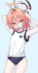 1girl armpits black_halo bloomers blue_archive gym_uniform hair_tie hair_tie_in_mouth halo highres looking_to_the_side mo2upoyo mouth_hold neru_(blue_archive) red_eyes red_hair tying_hair underwear