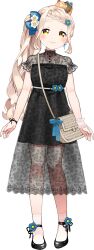 1girl animal animal_ears animal_on_head bag bag_ribbon belt black_dress black_ribbon black_shoes blonde_hair blue_bow blue_flower blue_ribbon blush bow braid braided_bangs buttons chair closed_mouth collarbone door dress dress_flower ear_ribbon eyelashes fingernails flower footwear_flower frilled_dress frilled_sleeves frills full_body gonzalez_(machita_chima) hair_bow hair_flower hair_ornament hamster hamster_on_head handbag high_heels highres kurihara_sakura lace lace_dress lace_socks lace_wrist_cuffs leaning_to_the_side long_hair machita_chima machita_chima_(2nd_costume) nijisanji official_art on_head outline photo_background pigeon-toed puffy_cheeks ribbon second-party_source see-through_dress_layer shoes short_eyebrows short_sleeves shoulder_bag side_ponytail smile socks solo standing strappy_heels table tachi-e thick_eyebrows thick_thighs thighs transparent_background very_long_hair virtual_youtuber wavy_hair white_belt white_flower white_socks white_wrist_cuffs wrist_cuffs wrist_ribbon yellow_bag yellow_eyes