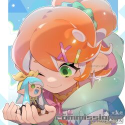 2girls artist_name blue_hair blue_tongue bow bow_hairband bowtie closed_mouth colored_tongue commission earrings green_bow green_bowtie green_eyes green_hoodie green_scrunchie hair_bow hair_ornament hair_scrunchie hairband hairclip hood hood_down hoodie inkling inkling_girl inkling_player_character jewelry long_hair looking_at_another medium_hair mihuashi_logo mini_person minigirl multiple_girls nintendo octoling octoling_girl octoling_player_character one_eye_closed open_mouth orange_hair pabuk5w ponytail scrunchie smile splatoon_(series) tentacle_hair watermark x_hair_ornament yellow_bow yellow_hairband