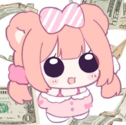 Rule 34 | 1girl, animal ears, blush, bow, chibi, chromu, full body, hair bow, indie virtual youtuber, lowres, money, open mouth, pink hair, smile, solo, transparent background, virtual youtuber