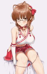 1girl absurdres akizuki_ritsuko antenna_hair bare_shoulders bikini bikini_bottom_pull bikini_pull black-framed_eyewear blush bow braid breasts brown_eyes brown_hair cleavage closed_mouth clothes_pull concept_maihime_(idolmaster) elbow_gloves glasses gloves hair_ribbon halter_shirt halterneck highres hip_vent idolmaster idolmaster_(classic) idolmaster_million_live! idolmaster_million_live!_theater_days large_breasts navel nii_niip nontraditional_miko red_bikini red_ribbon red_skirt ribbon ribbon-trimmed_gloves ribbon-trimmed_shirt ribbon_trim semi-rimless_eyewear shirt simple_background sitting skirt sleeveless sleeveless_shirt solo swimsuit twin_braids under-rim_eyewear undressing waist_bow white_background white_gloves white_shirt