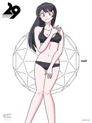 1girl 30girl.com artist_name bikini black_bikini black_hair blush breasts collarbone copyright_name dated embarrassed halterneck highres kawai_shingo looking_at_viewer navel red_eyes solo standing swimsuit