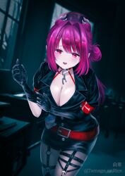Rule 34 | 1girl, armband, belt, black dress, black gloves, black hat, breasts, broken, broken chain, chain, cleavage, commission, dizzy dokuro, dizzy dokuro (nurse), double bun, dress, elbow gloves, gloves, hair bun, hair intakes, hat, long hair, nurse cap, official alternate hair color, open mouth, phase connect, pink eyes, pink hair, red armband, red belt, second-party source, skeb commission, skull ornament, solo, tamago onrice, twitter username, virtual youtuber
