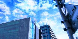 Rule 34 | absurdres, ambiguous gender, arufa7ray, blue sky, building, city, cityscape, cloud, cloudy sky, day, highres, original, outdoors, painterly, pole, scenery, sky, skyscraper, urban, very wide shot