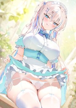 Rule 34 | 1girl, apron, blue bow, blue bowtie, blue dress, blue eyes, blue hair, bow, bowtie, breasts, brown hair, clothes lift, dress, frilled apron, frilled dress, frills, large breasts, lifting own clothes, long hair, maid, maid apron, maid headdress, multicolored hair, original, panties, pon (ponidrop), side-tie panties, skirt, skirt lift, sleeveless, sleeveless dress, smile, solo, streaked hair, string panties, thighhighs, tongue, twintails, underwear, white apron, white headdress, white panties, white thighhighs